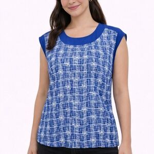 HALOGEN Size Small Japanese Grid Print Round Neck Cap Sleeve Chiffon Work Blouse